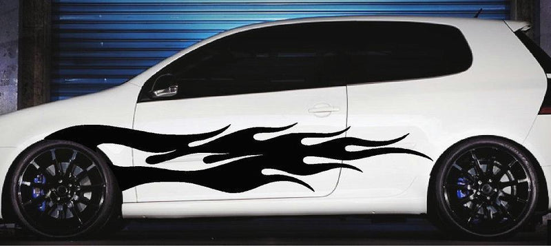 black flames vinyl graphics on white hatchback car